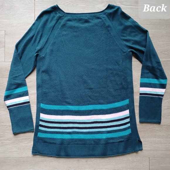 T by Talbots Deep Teal Waffle Knit Stripe Detail Jewel Neck Tunic Sweater - Picture 11 of 12